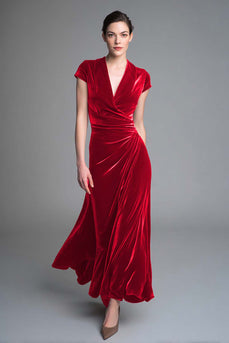 Plum Ruched Velvet V Neck Long Holiday Party Dress with Sleeves