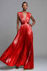Load image into Gallery viewer, Sparkly Red A-Line Deep V-Neck Pleated Metallic Long Formal Dress