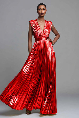 Sparkly Red A-Line Deep V-Neck Pleated Metallic Long Formal Dress