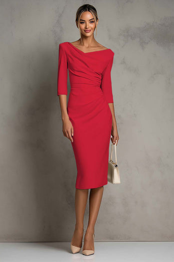 Simple Ivory Ruched Pencil Half Sleeves Midi Work Dress with Slit