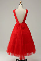 Load image into Gallery viewer, Red A Line Deep V Neck Tea Length Prom Dress