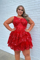 Load image into Gallery viewer, Sparkly Dark Blue One Shoulder Tiered Homecoming Dress with Lace