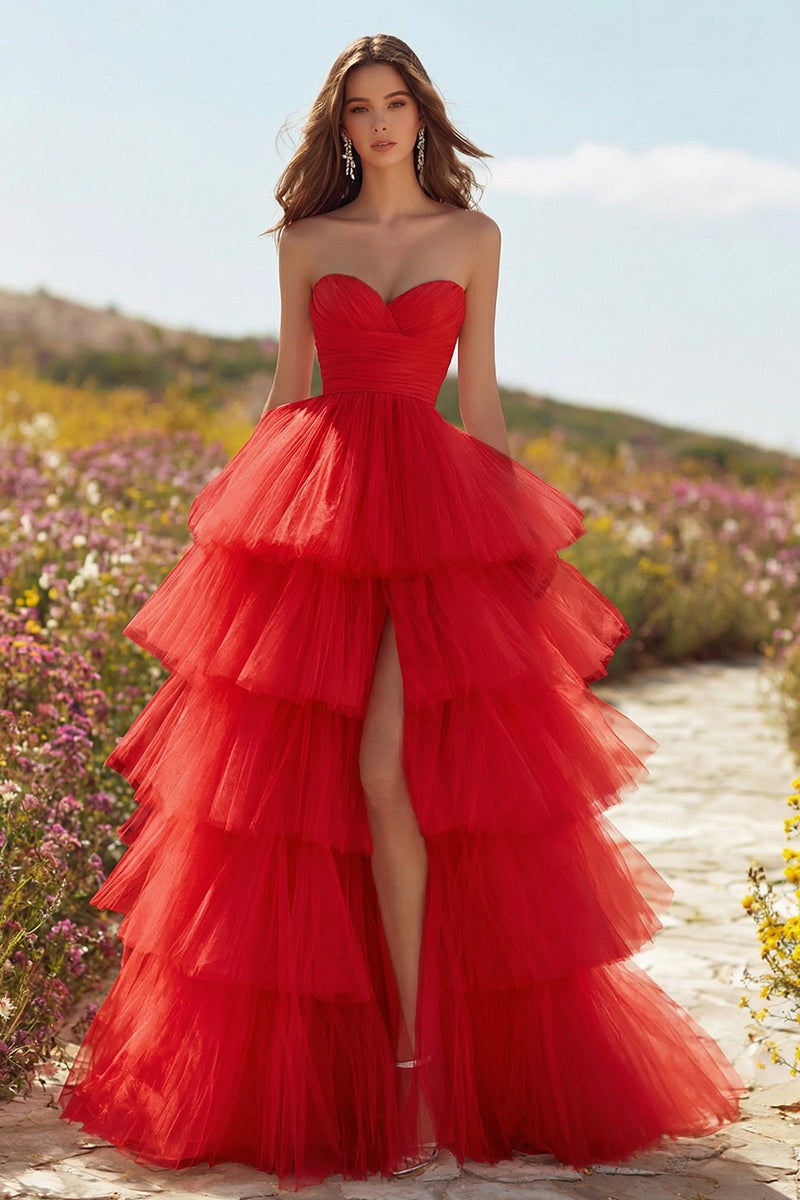 Load image into Gallery viewer, Pink Tulle Ruffled Long Prom Dress with Slit