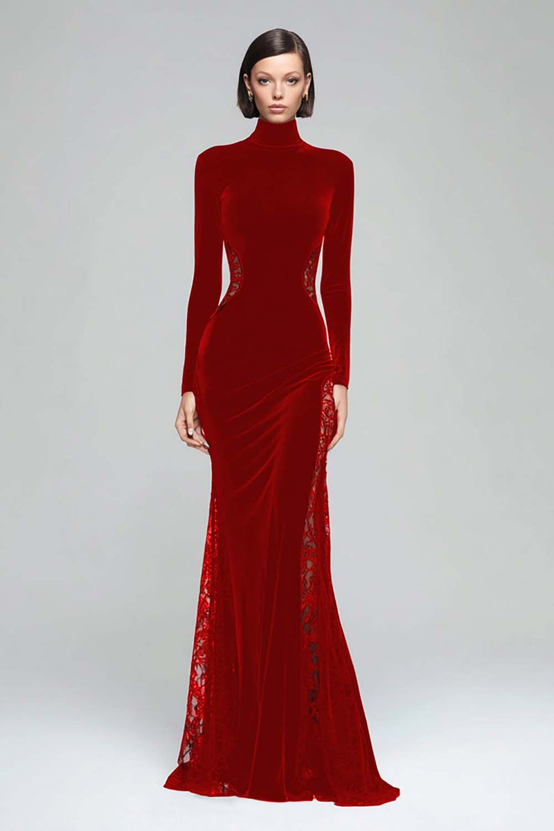 Black Velvet High Neck Mermaid Maxi Holiday Party Dress with Lace