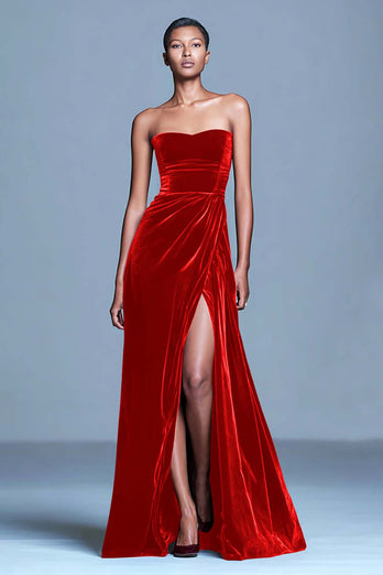 Burgundy Strapless Velvet Long Holiday Party Dress with Slit