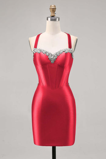 Sparkly Green Satin Corset Tight Short Homecoming Dress with Beading