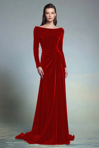Dark Green Velvet Sheath Boat Neck Long Sleeves Formal Dress
