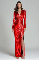 Load image into Gallery viewer, Sparkly Gold Sheath Metallic V-Neck Long Sleeves Formal Dress with Slit