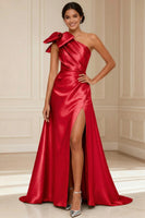 Load image into Gallery viewer, Silver Satin One Shoulder A Line Long Mother of the Bride Dress with Bow