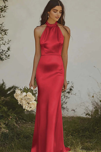 Dusty Rose Satin Halter Sheath Long Bridesmaid Dress