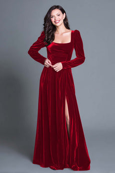 Royal Blue Square Neck Velvet Long Sleeves Holiday Party Dress with Slit