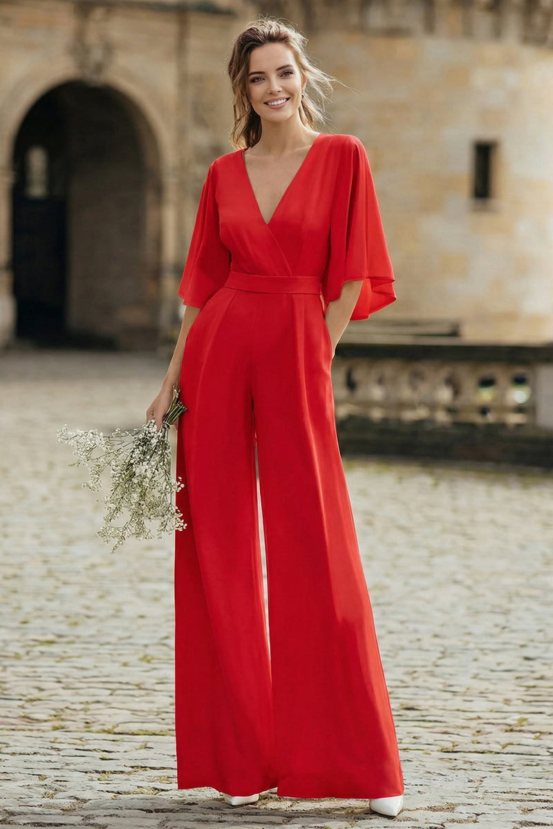 Load image into Gallery viewer, Ivory V-Neck Half Sleeves Long Wedding Jumpsuits with Pockets