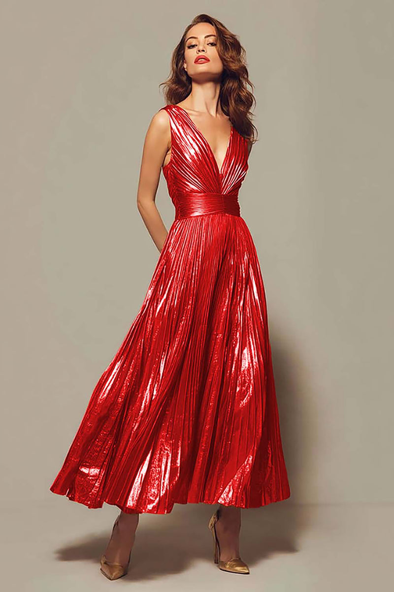 Load image into Gallery viewer, Queendancer Women Sparkly Tahiti Metallic Long Formal Dress Pleated V-Neck A-Line Ankle Length Holiday Party Dress