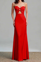 Load image into Gallery viewer, Fuchsia Sheath Satin Ruched Strapless Long Formal Dress with Keyhole