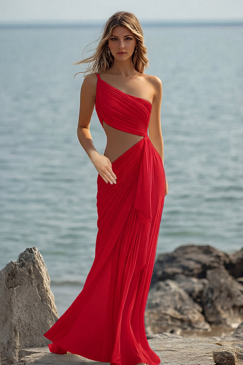 Load image into Gallery viewer, White Chiffon Mermaid Cut-Out Long Rehearsal Dinner Dress