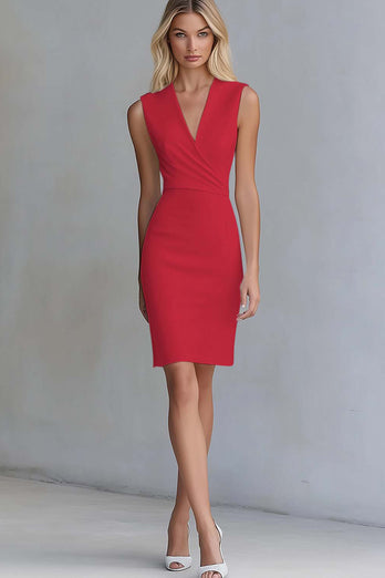 Queendancer Women Lilac Satin Short Work Dress V-Neck Pencil Sleeveless Bodycon Semi Formal Dress