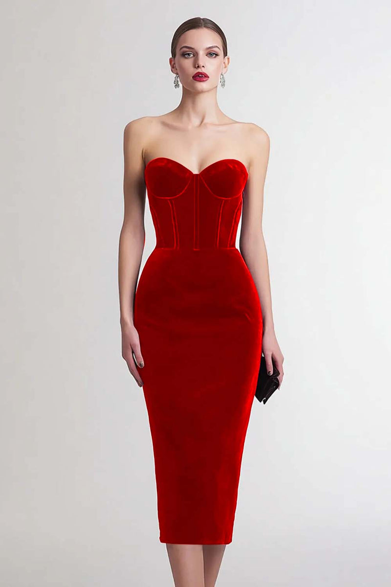 Load image into Gallery viewer, Burgundy Velvet Sweetheart Bodycon Midi Corset Holiday Party Dress