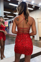 Load image into Gallery viewer, Glitter Royal Blue Spaghetti Straps Sequins Homecoming Dress with Slit