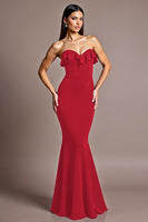 Load image into Gallery viewer, Red Satin Mermaid Strapless Backless Formal Dress