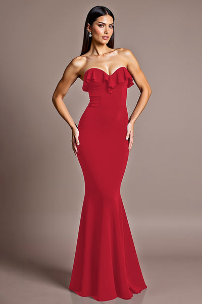 Red Satin Mermaid Strapless Backless Formal Dress