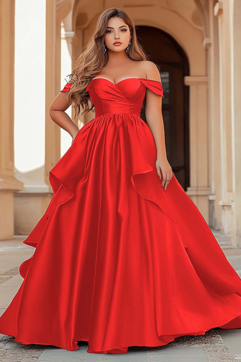 Load image into Gallery viewer, Dark Green Off the Shoulder Satin Long Prom Dress with Ruffles