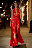 Load image into Gallery viewer, Sparkly Metallic Gold Halter Sheath Ruched Long Formal Dress with Slit