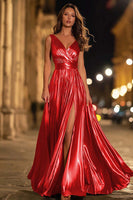 Load image into Gallery viewer, Sparkly Gold A-Line Metallic Ruched Pleated Long Formal Dress with Slit