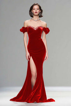 Sparkly Plum Off the Shoulder Velvet Long Holiday Party Dress with Beading