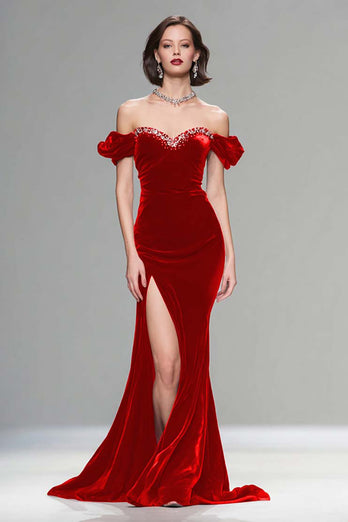 Sparkly Plum Off the Shoulder Velvet Long Holiday Party Dress with Beading