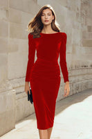 Load image into Gallery viewer, Dark Green Bodycon Velvet Boat Neck Midi Holiday Party Dress with Sleeves