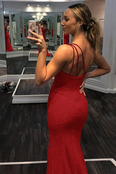 Red One Shoulder Sequins Mermaid Prom Dress with Slit