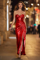 Load image into Gallery viewer, Sparkly Gold Metallic Mermaid Sweetheart Ruched Long Formal Dress with Slit