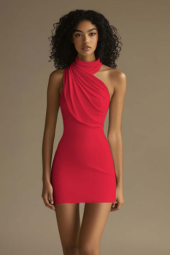 Queendancer Women Dusty Rose Tight Sleeveless Mini Party Dress Halter Ruched Short Graduation Dress