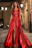 Load image into Gallery viewer, Sparkly Royal Blue Metallic V-Neck A-Line Pleated Long Formal Dress with Slit