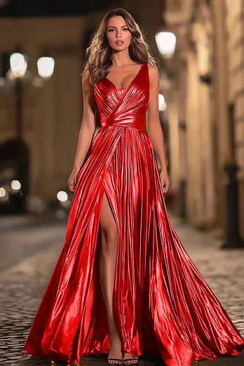 Sparkly Royal Blue Metallic V-Neck A-Line Pleated Long Formal Dress with Slit