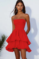 Load image into Gallery viewer, Fuchsia Chiffon A Line Ruched Strapless Short Cocktail Dress with Ruffles