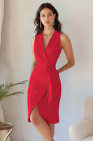 Load image into Gallery viewer, Queendancer Women Dusty Rose Tight Short Work Blazer Dress with Sash Satin Pencil V-Neck Sleeveless Cocktail Dress