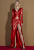 Load image into Gallery viewer, Glitter Golden Metallic Ruched V-Neck Long Sleeves Gala Dress with Slit
