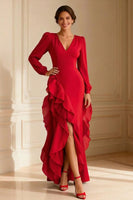 Load image into Gallery viewer, Purple Ruffled V Neck Asymmetrical Mother of the Bride Dress with Slit