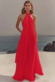 Royal Blue Chiffon A Line Halter Pleated Long Graduation Dress
