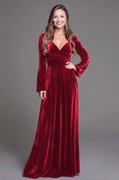 Load image into Gallery viewer, Burgundy Velvet A-Line V-Neck Long Sleeves Holiday Party Dress