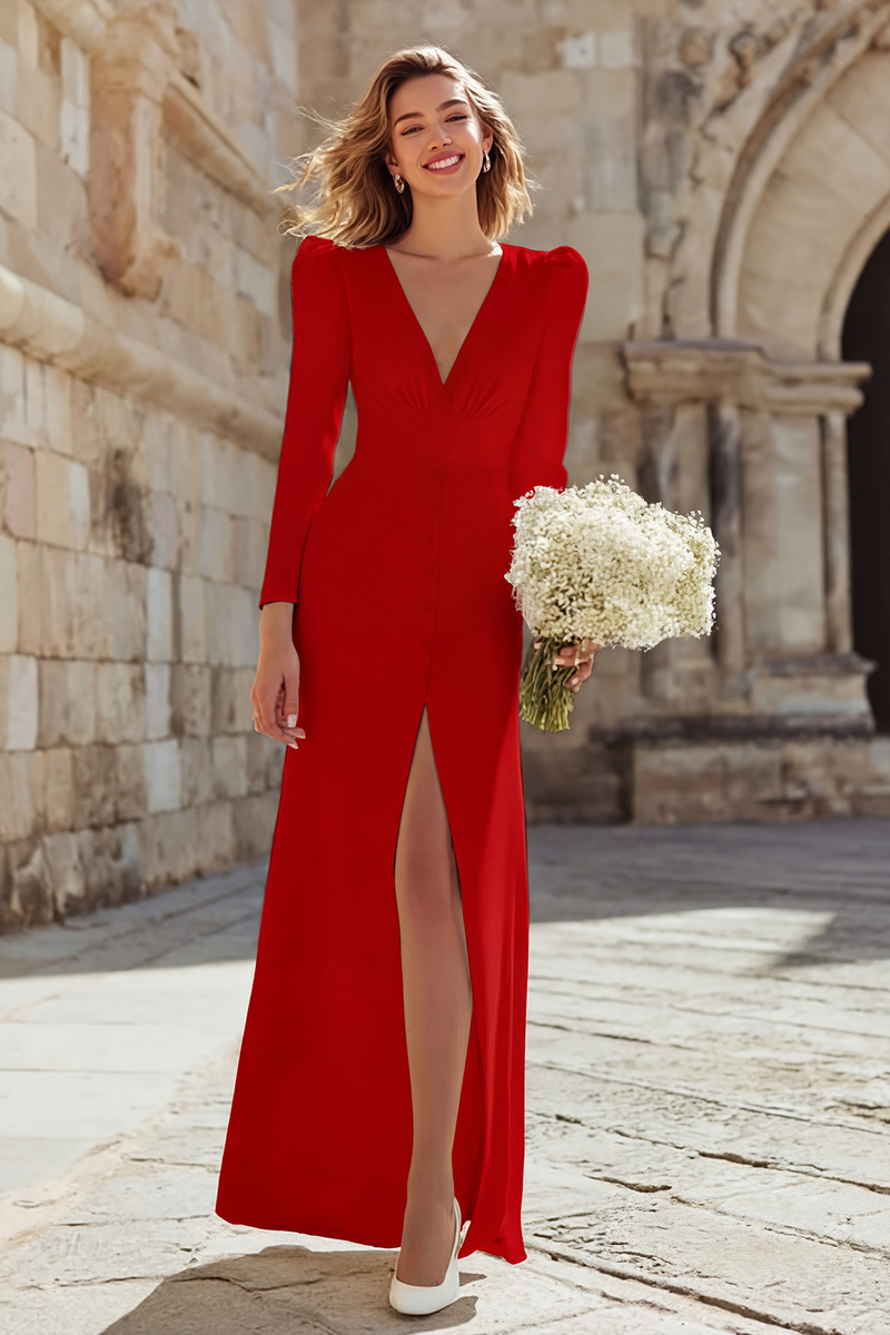 Load image into Gallery viewer, Ivory V-Neck Sheath Long Sleeves Wedding Dress with Slit
