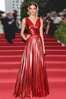 Load image into Gallery viewer, Gold V-Neck A Line Metallic Pleated Long Formal Dress