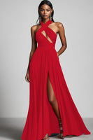 Load image into Gallery viewer, Black A Line Pleated Halter Neck Formal Dress with Slit