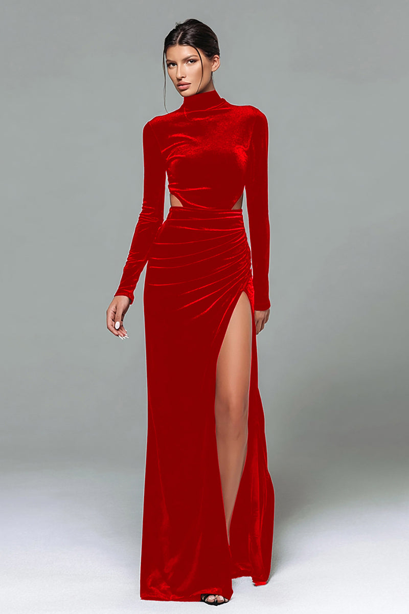 Load image into Gallery viewer, Black Velvet Sheath High Neck Cut Out Long Holiday Party Dress