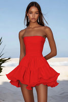 Load image into Gallery viewer, Fuchsia Chiffon Strapless A Line Ruched Short Cocktail Dress with Ruffles