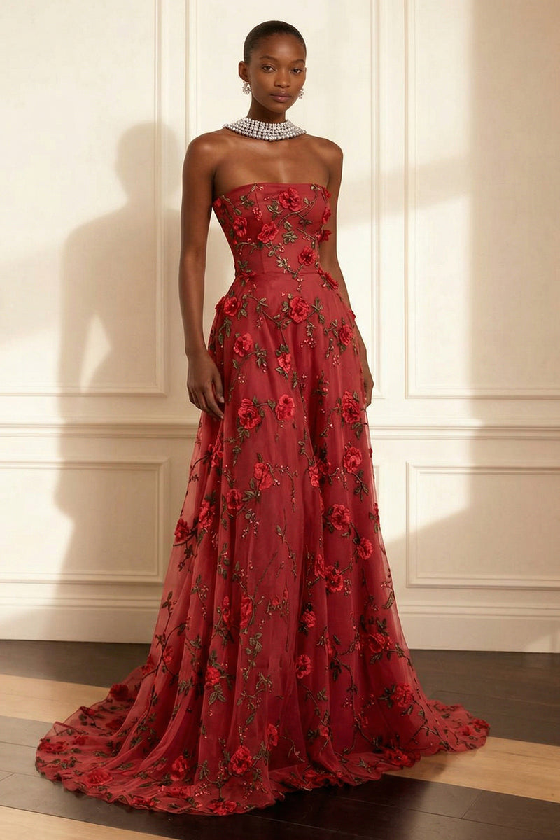 Load image into Gallery viewer, Floral Purple Strapless A Line Long Corset Prom Dress