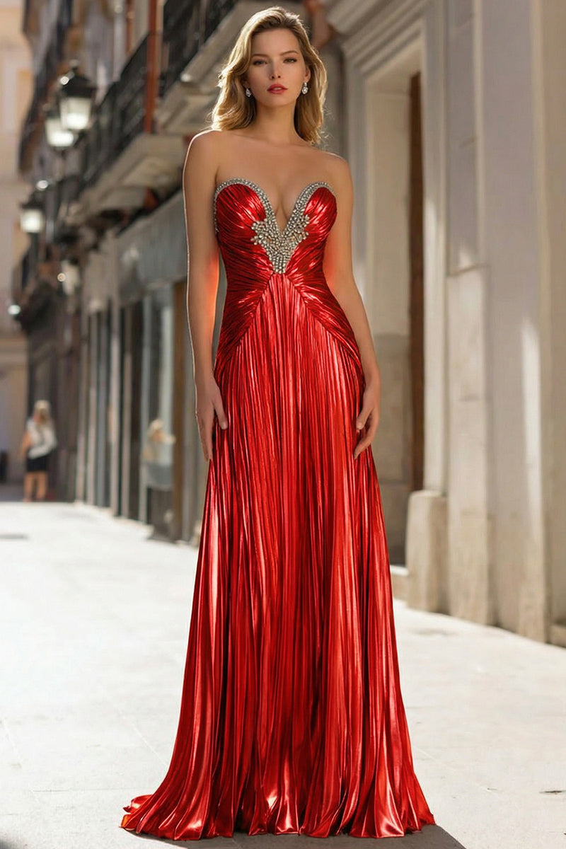 Load image into Gallery viewer, Sparkly Gold Metallic Sheath Pleated Long Prom Dress with Beading