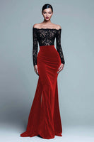 Load image into Gallery viewer, Black and Burgundy Velvet Mermaid Long Sleeves Holiday Party Dress with Lace