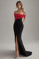 Load image into Gallery viewer, Red Sheath Off the Shoulder Long Black Tie Dress with Slit